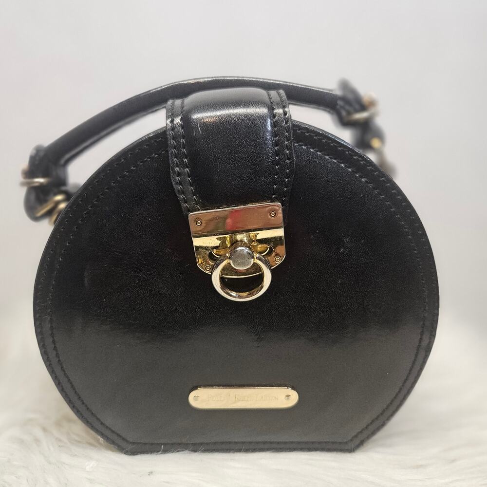 Y2k Polo Ralph Lauren Black Leather Round Vanity Top Handle Bag Hat Box Purse